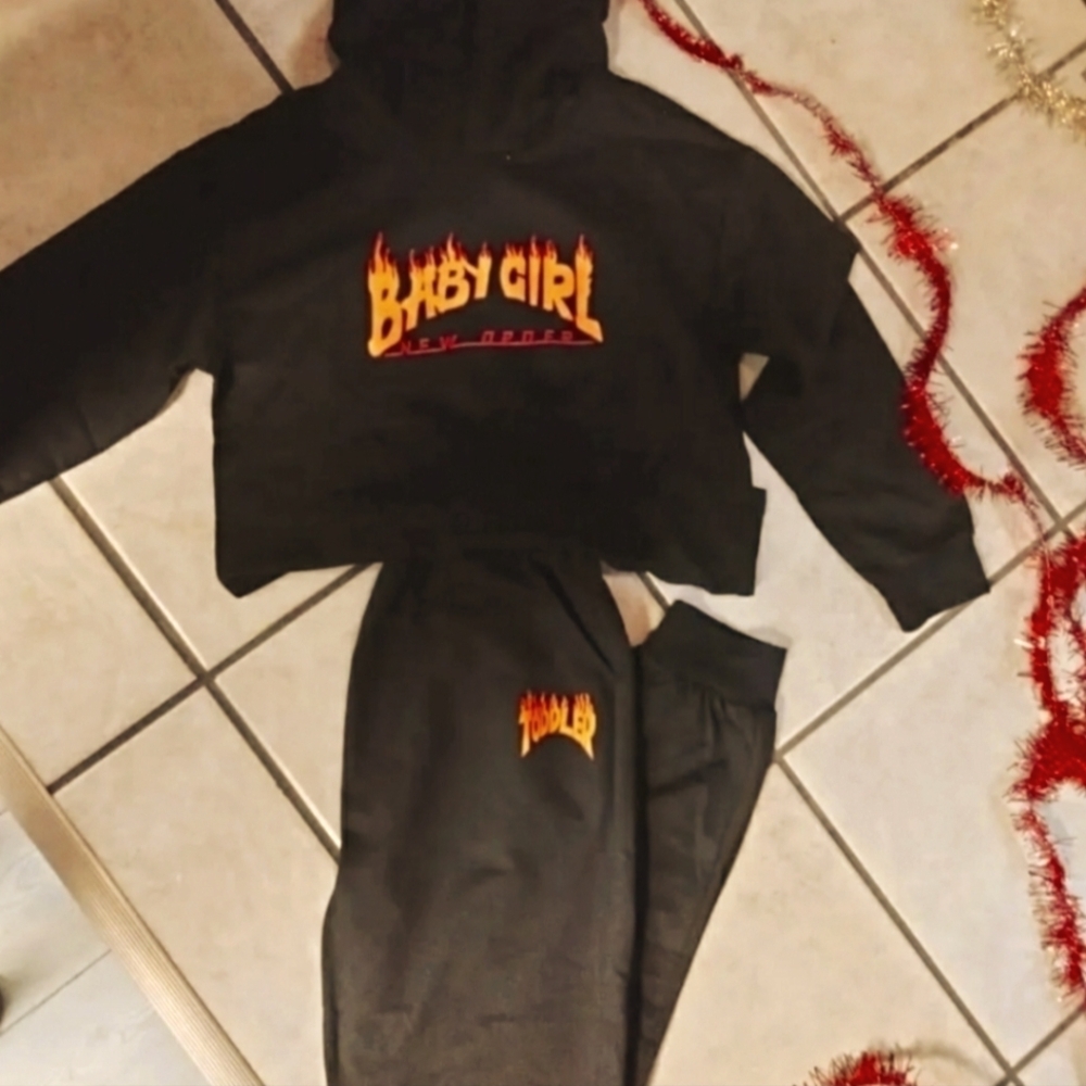 Black Hoodie and Joggers Set with Flame Graphic
